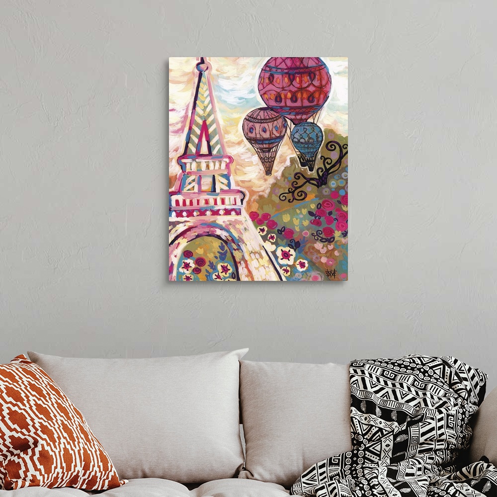 A bohemian room featuring A trio of hot air balloons float over the Eiffel Tower in Paris.