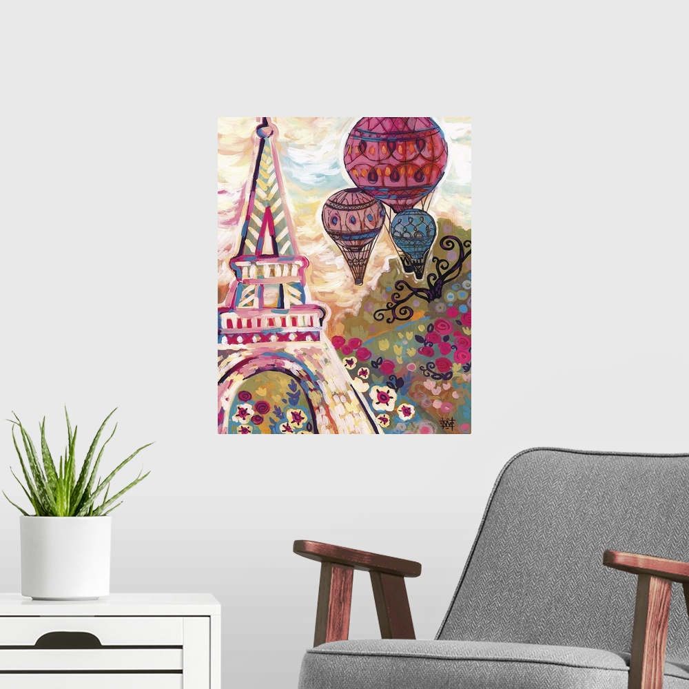 A modern room featuring A trio of hot air balloons float over the Eiffel Tower in Paris.