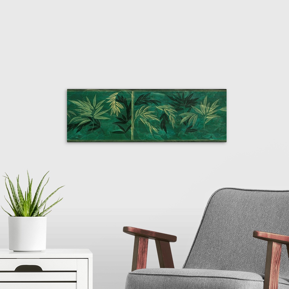 A modern room featuring Artwork of bamboo in green.