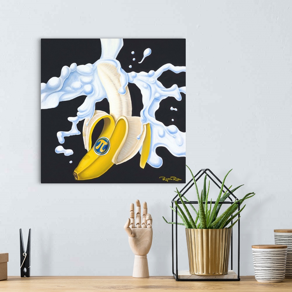 A bohemian room featuring Square pun painting of a banana being splashed with cream and a sticker that has the pi symbol on...