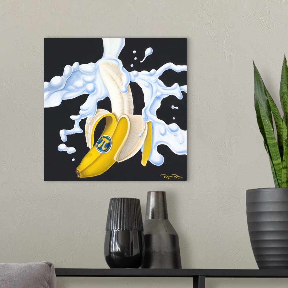A modern room featuring Square pun painting of a banana being splashed with cream and a sticker that has the pi symbol on...