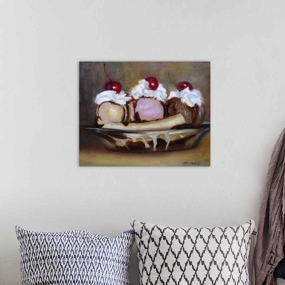 A bohemian room featuring Contemporary still-life painting of a banana split.