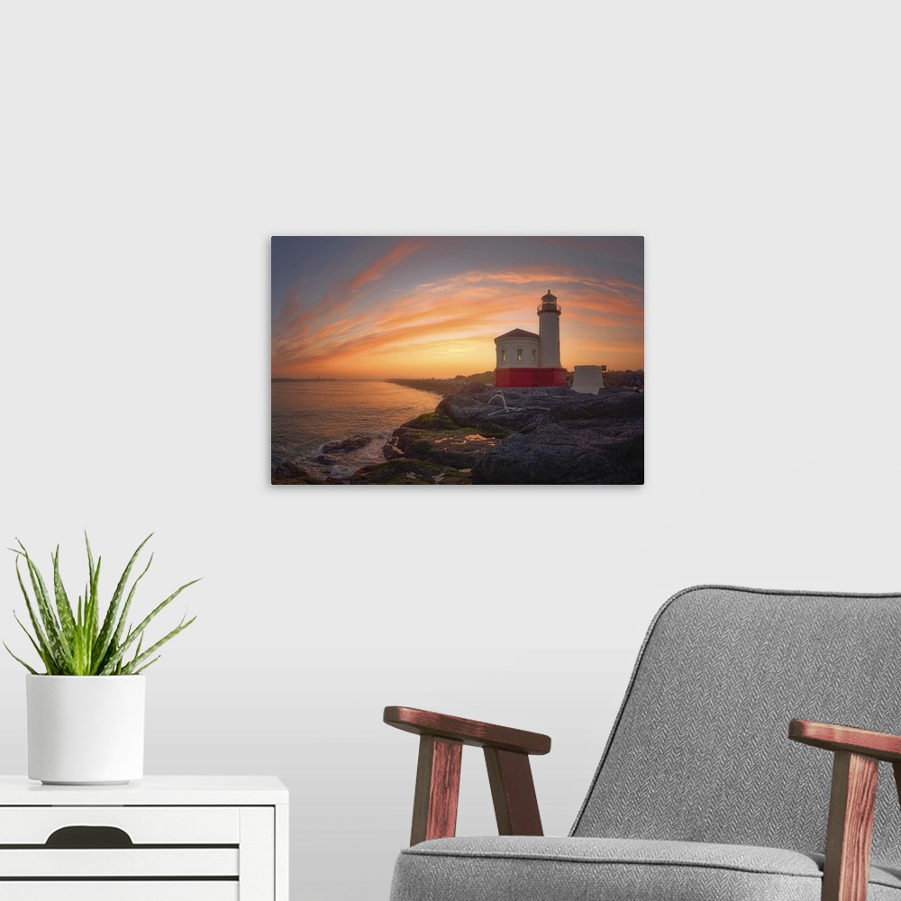 A modern room featuring Coquille River Light in Oregon at sunset.