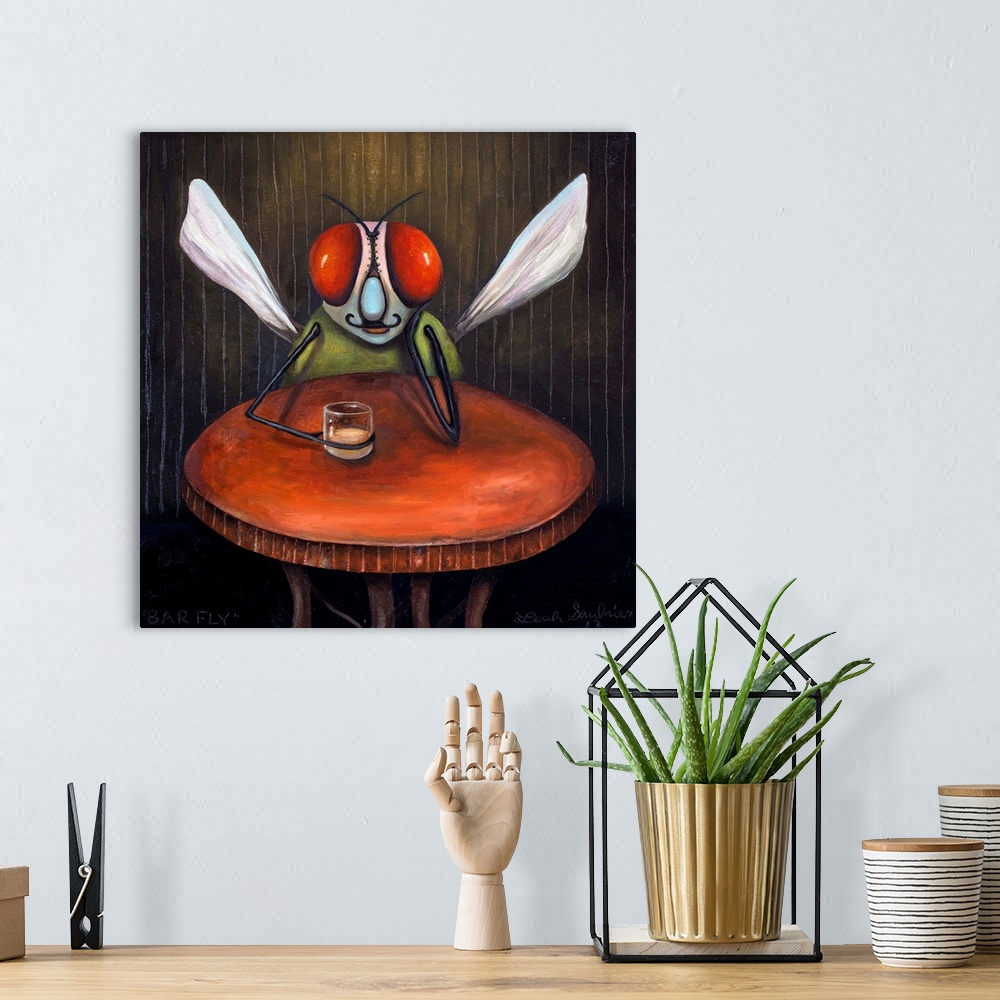 A bohemian room featuring Surrealist painting of a barfly with bright red eyes.