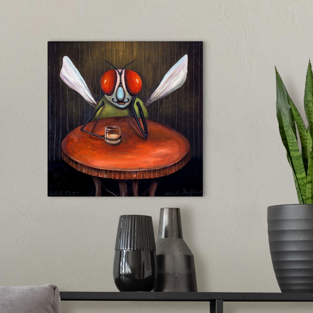 A modern room featuring Surrealist painting of a barfly with bright red eyes.
