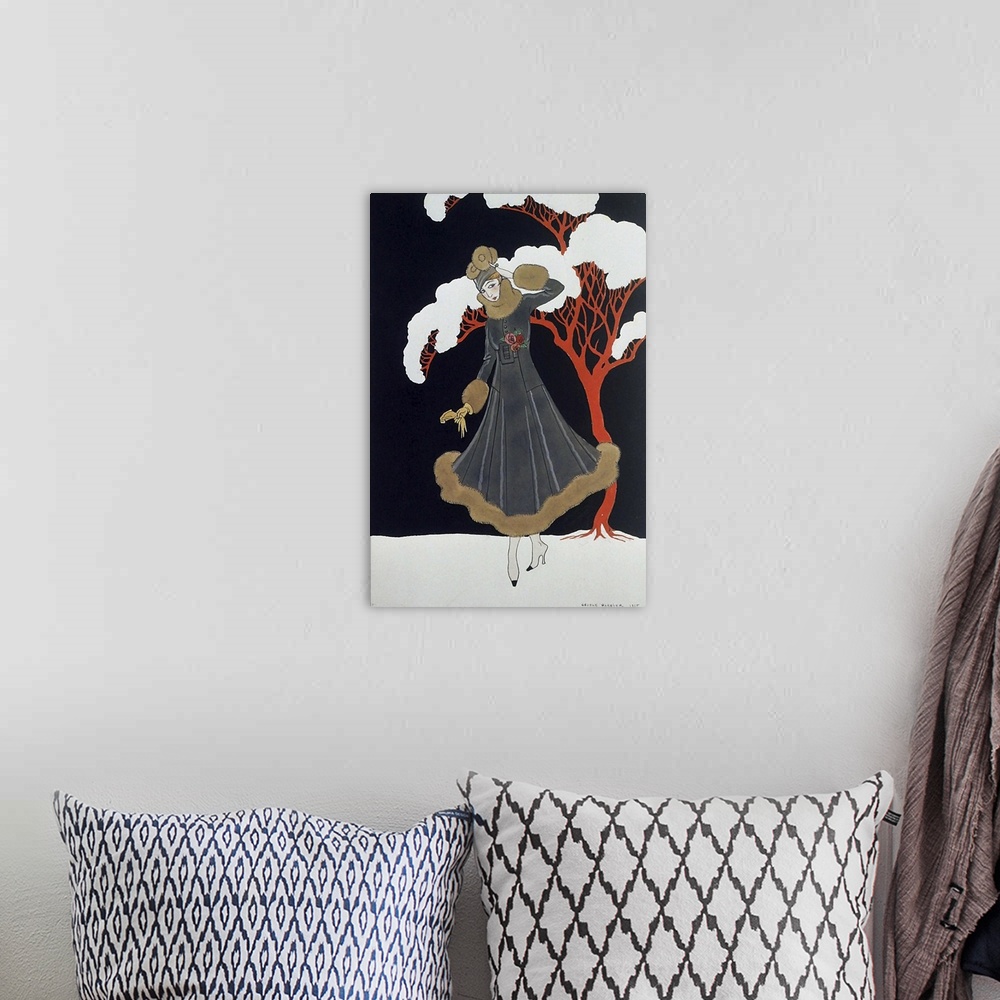A bohemian room featuring Artwork of a vintage fashion illustration of a woman displaying a dress in a winter scene.