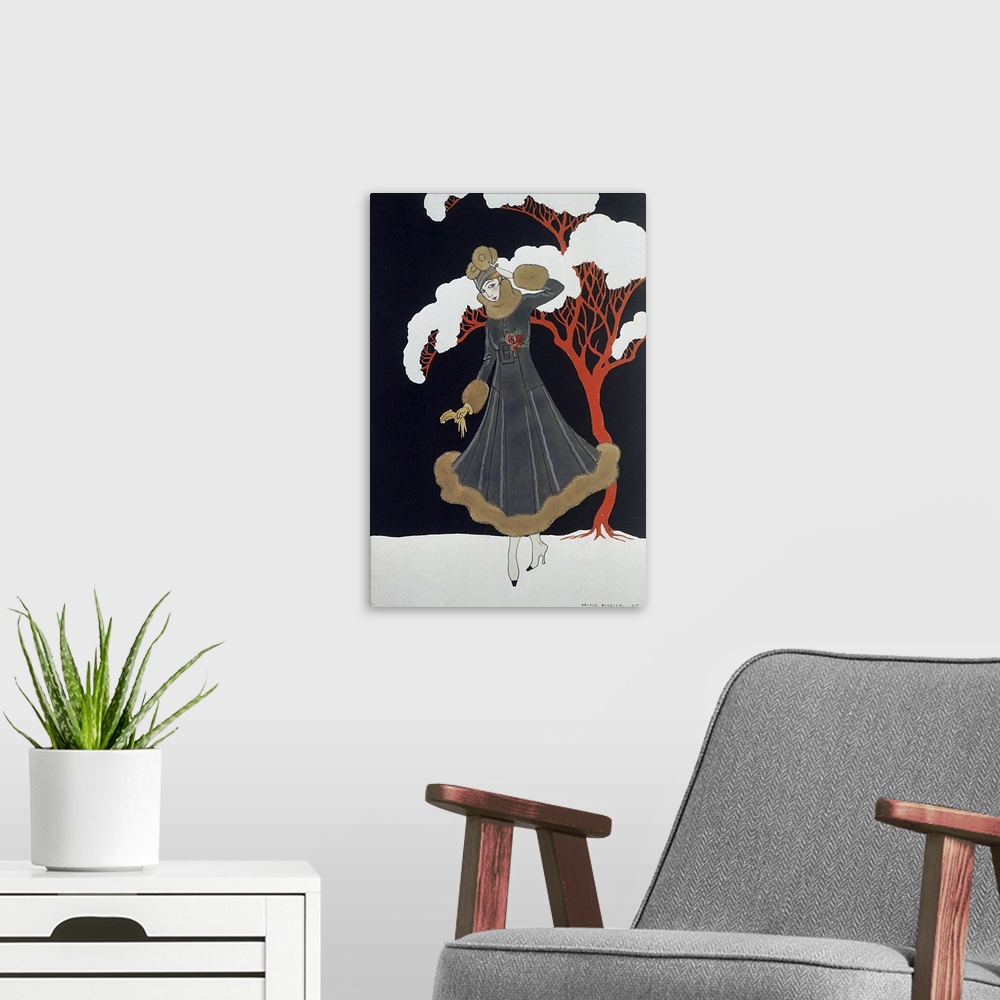 A modern room featuring Artwork of a vintage fashion illustration of a woman displaying a dress in a winter scene.