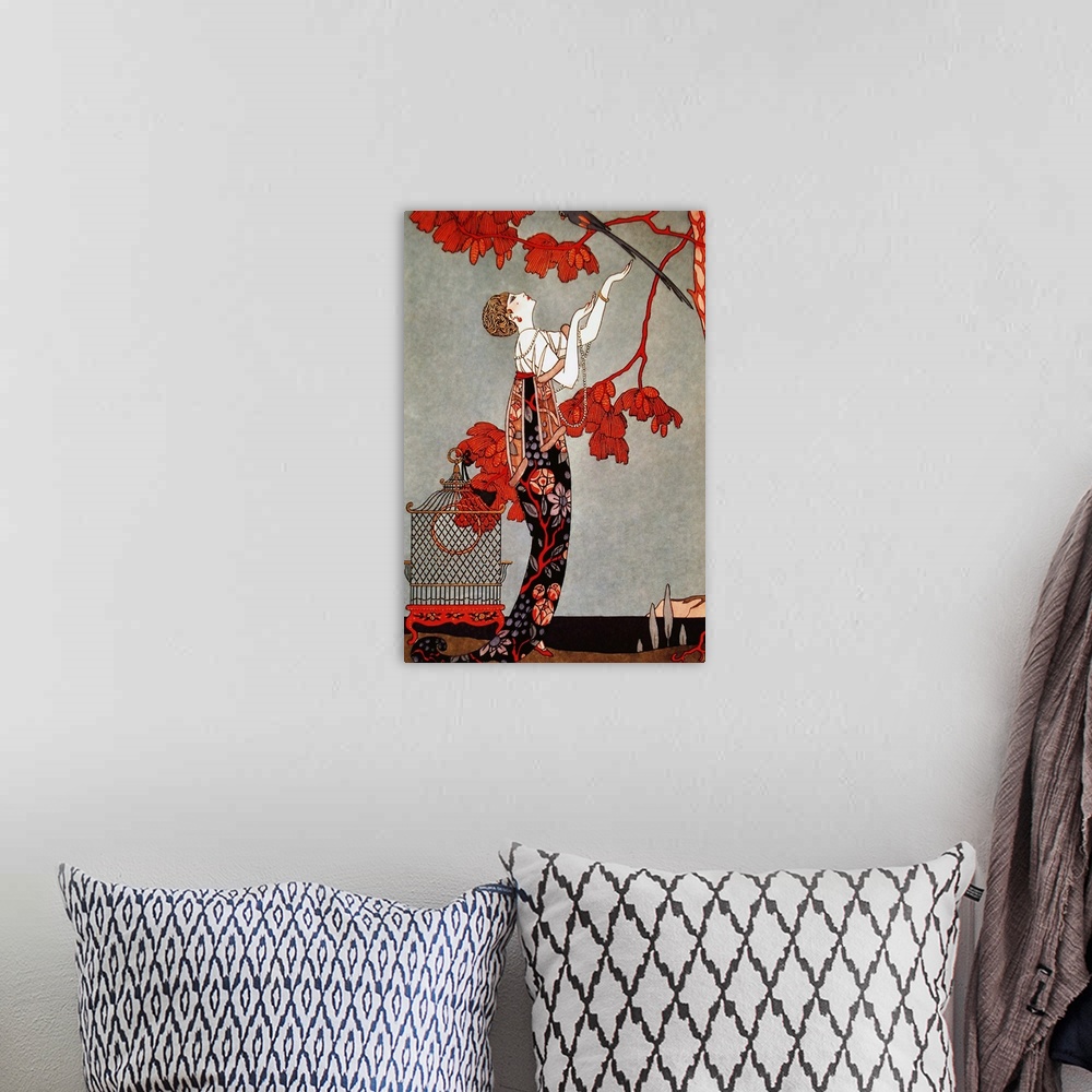 A bohemian room featuring Artwork of a vintage fashion illustration of a woman displaying a red dress.