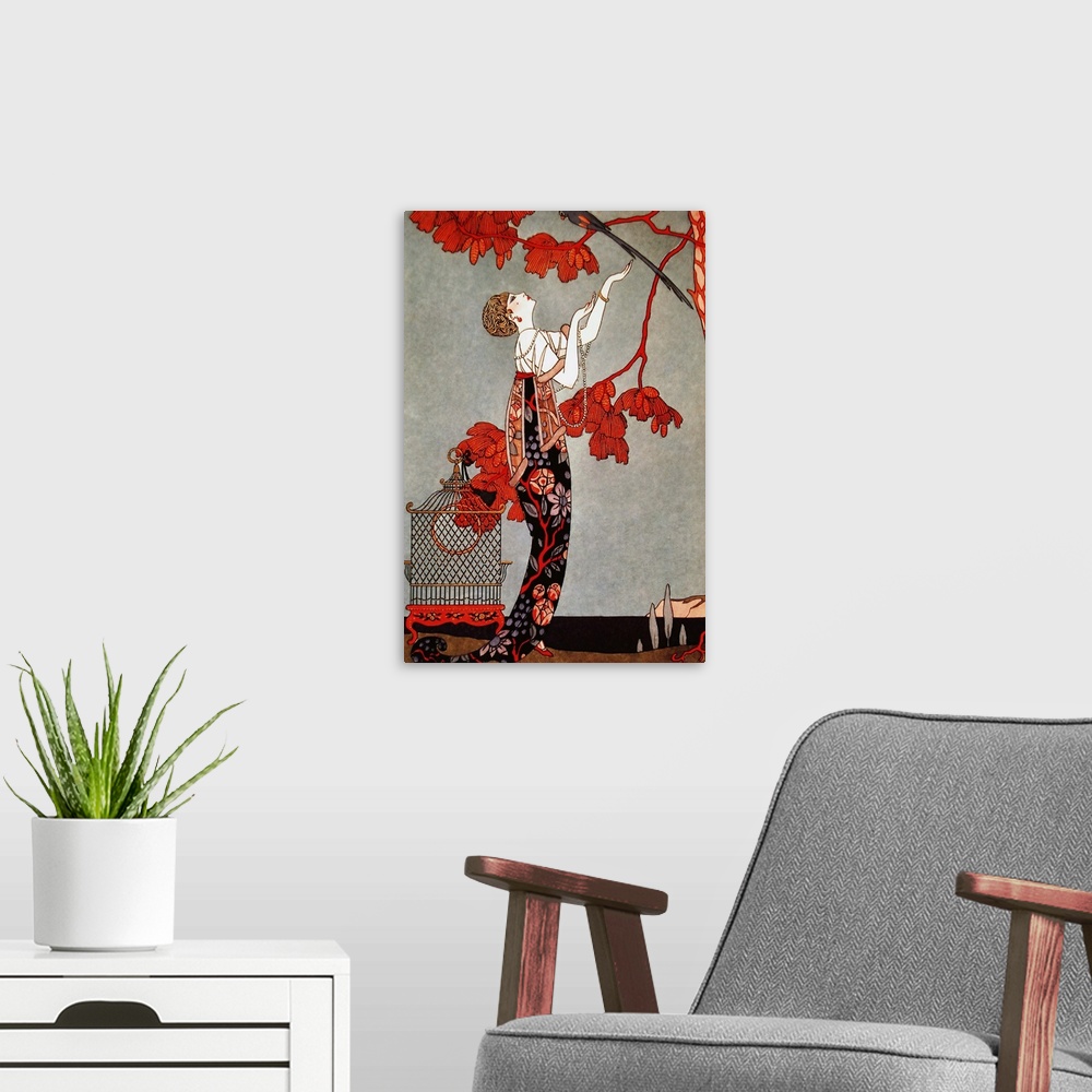 A modern room featuring Artwork of a vintage fashion illustration of a woman displaying a red dress.