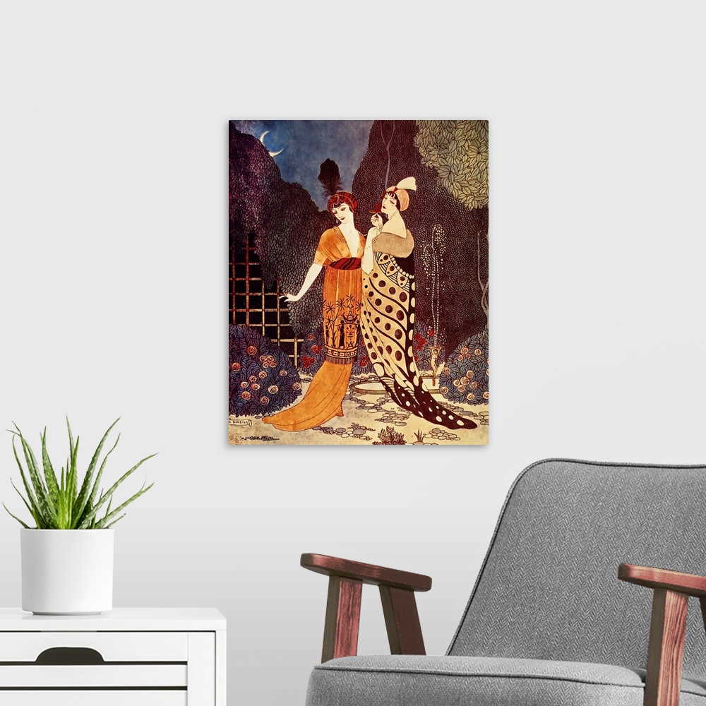 A modern room featuring Artwork of a vintage fashion illustration of women displaying elaborate dresses outdoors under a ...