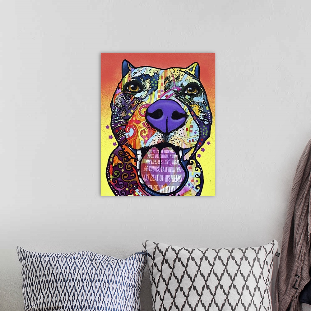 A bohemian room featuring Contemporary artwork of a dog's outline filled with several multicolored patterns with the text "...