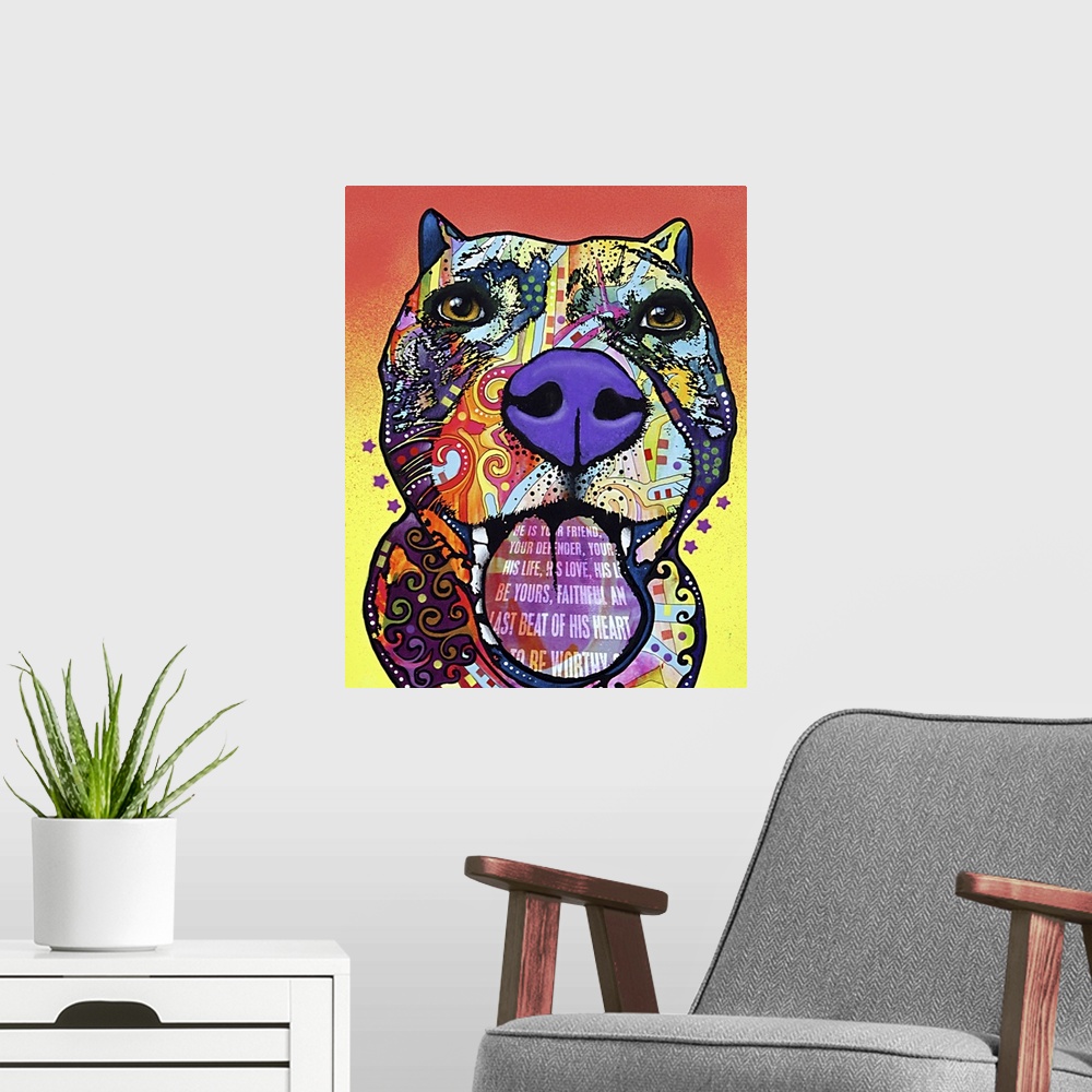 A modern room featuring Contemporary artwork of a dog's outline filled with several multicolored patterns with the text "...