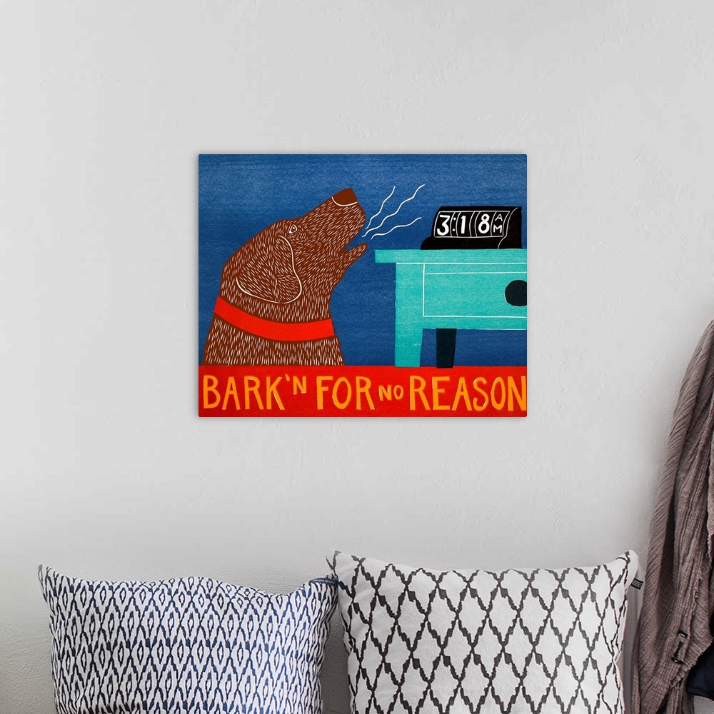 A bohemian room featuring Illustration of a chocolate lab "Bark'n For No Reason" at 3:18am.