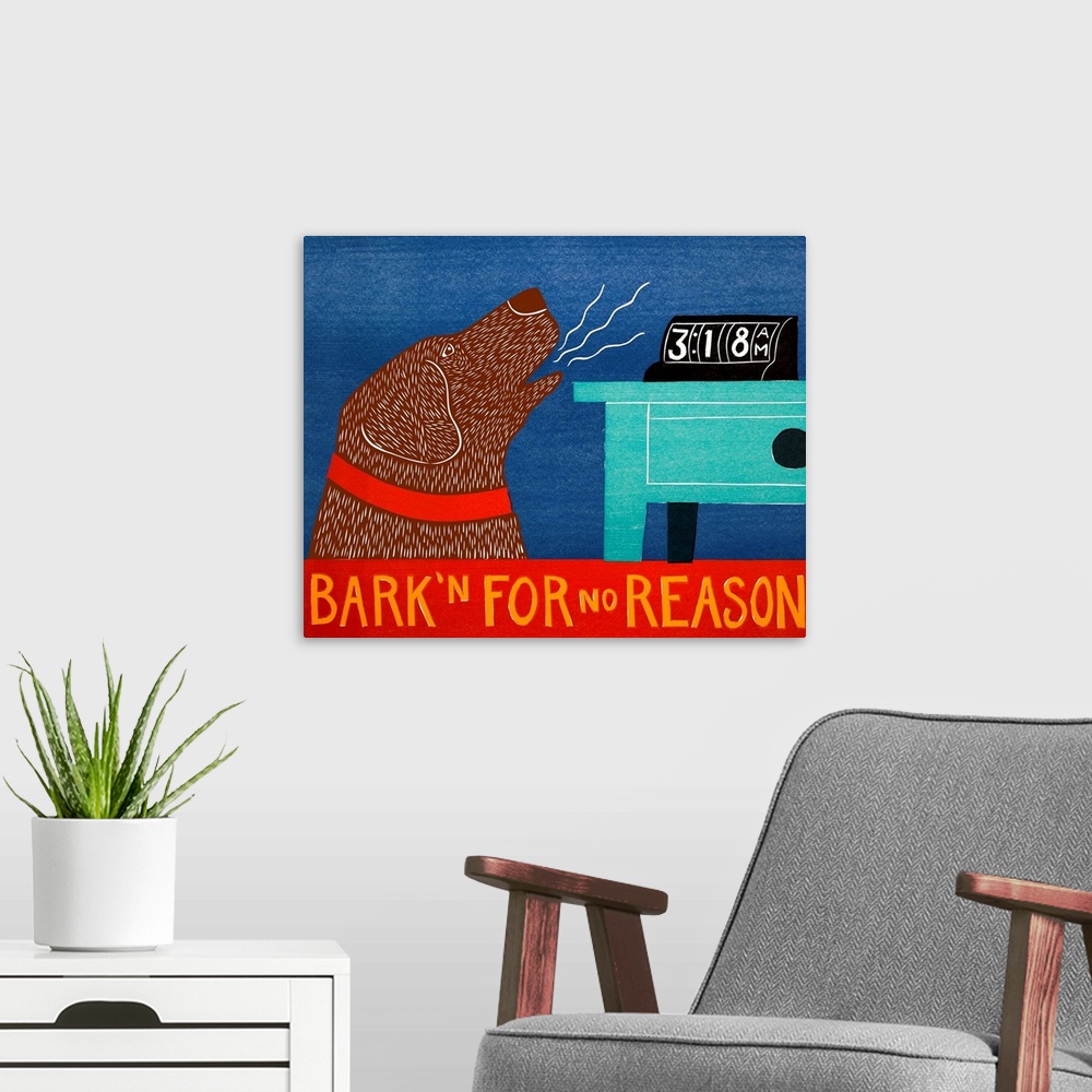 A modern room featuring Illustration of a chocolate lab "Bark'n For No Reason" at 3:18am.