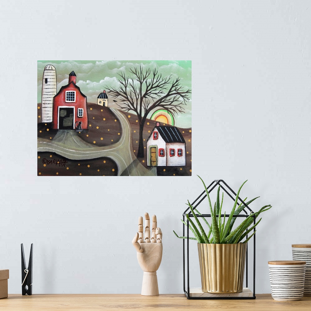 A bohemian room featuring Contemporary folk art painting of a house on a countryside landscape.
