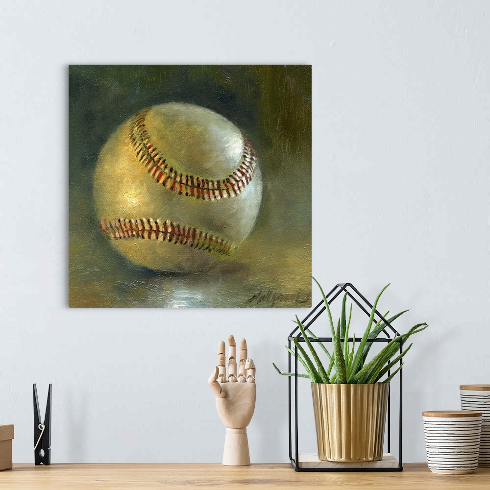 A bohemian room featuring Contemporary still-life painting of a baseball.