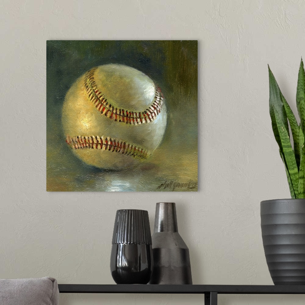 A modern room featuring Contemporary still-life painting of a baseball.