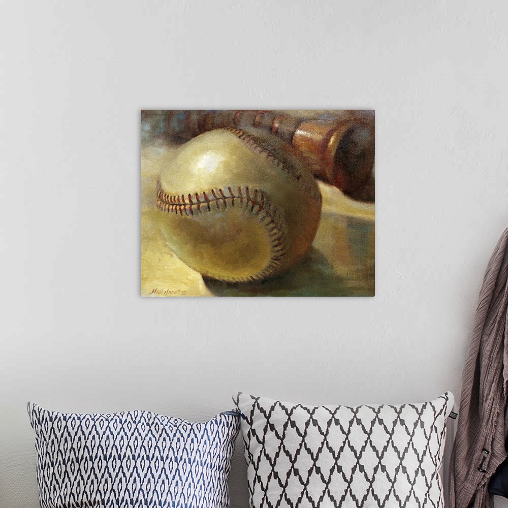 A bohemian room featuring Contemporary still-life painting of a baseball and bat.