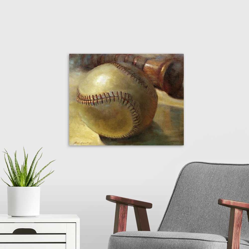 A modern room featuring Contemporary still-life painting of a baseball and bat.