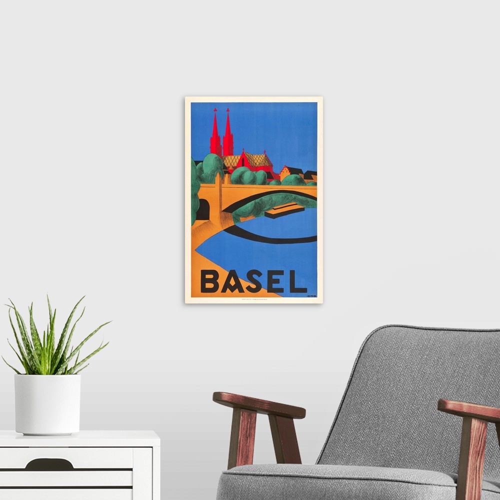 A modern room featuring Vintage travel advertisement for Basel, Switzerland.