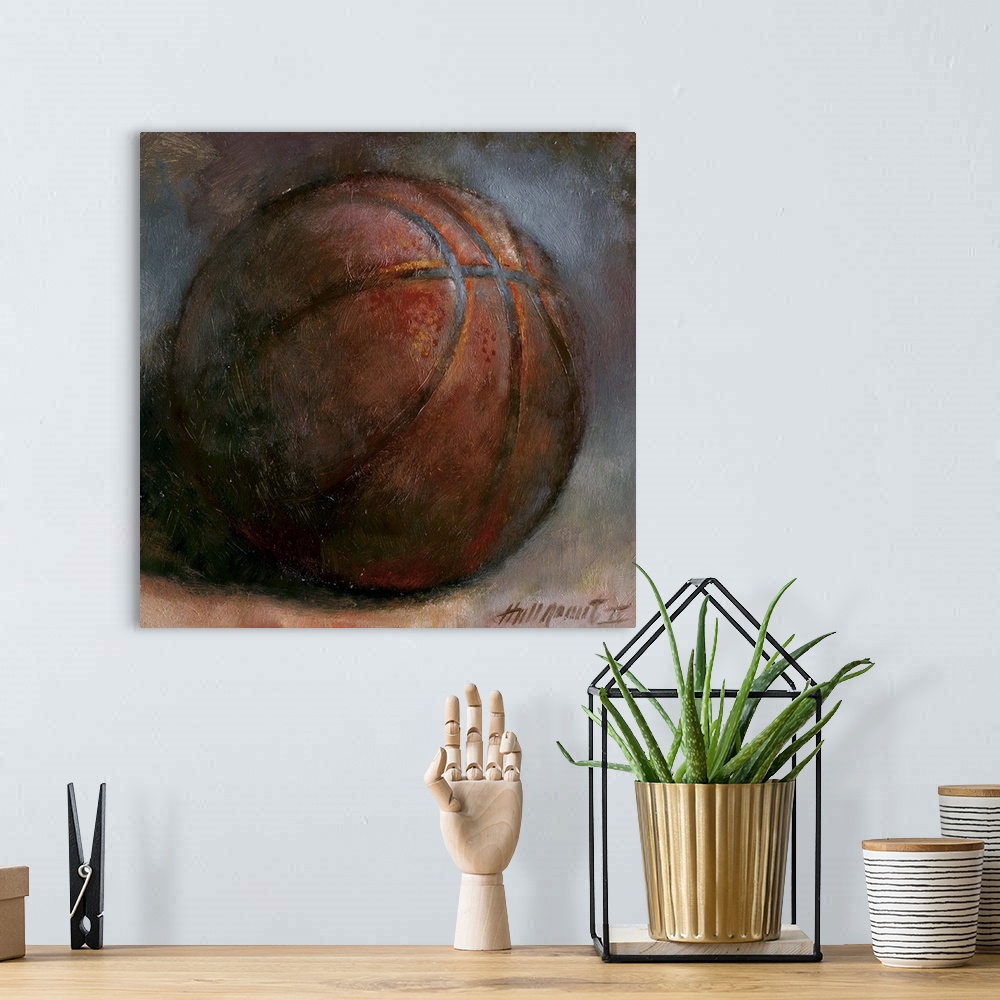 A bohemian room featuring Contemporary still-life painting of a basketball against a neutral background.