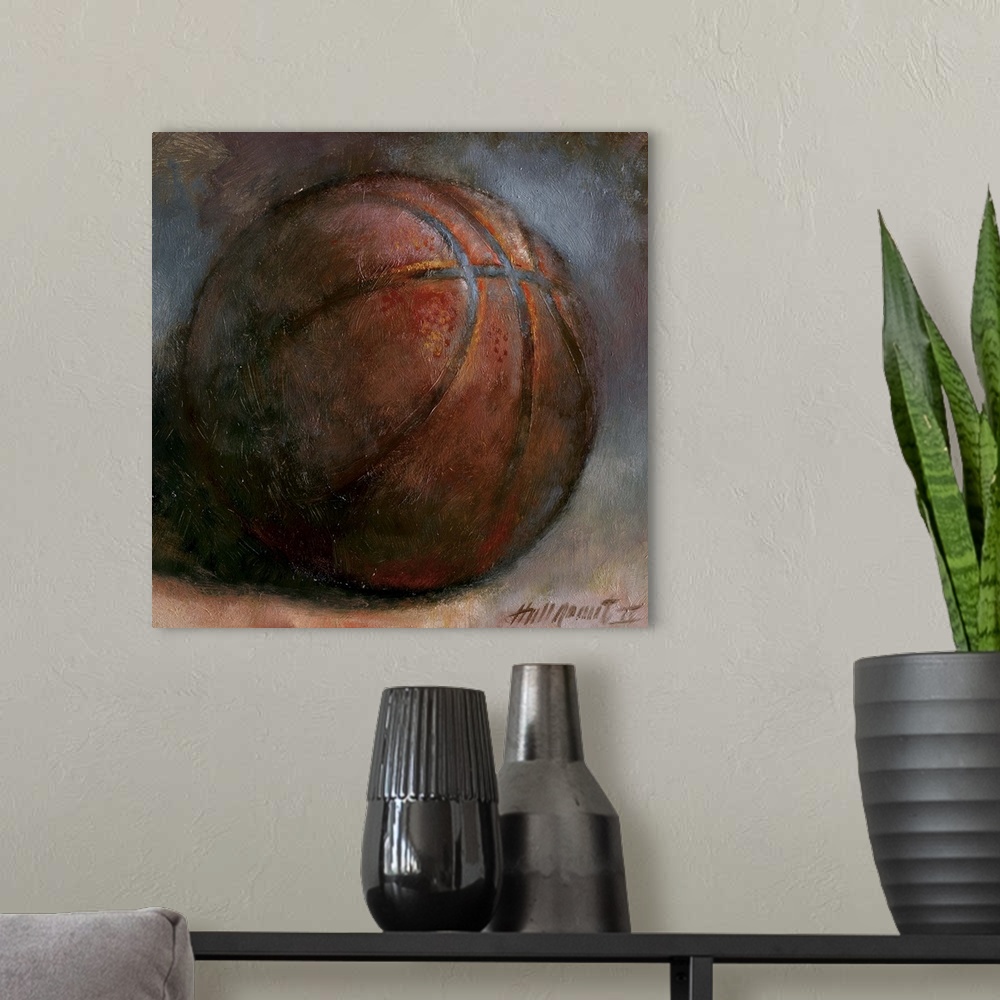 A modern room featuring Contemporary still-life painting of a basketball against a neutral background.