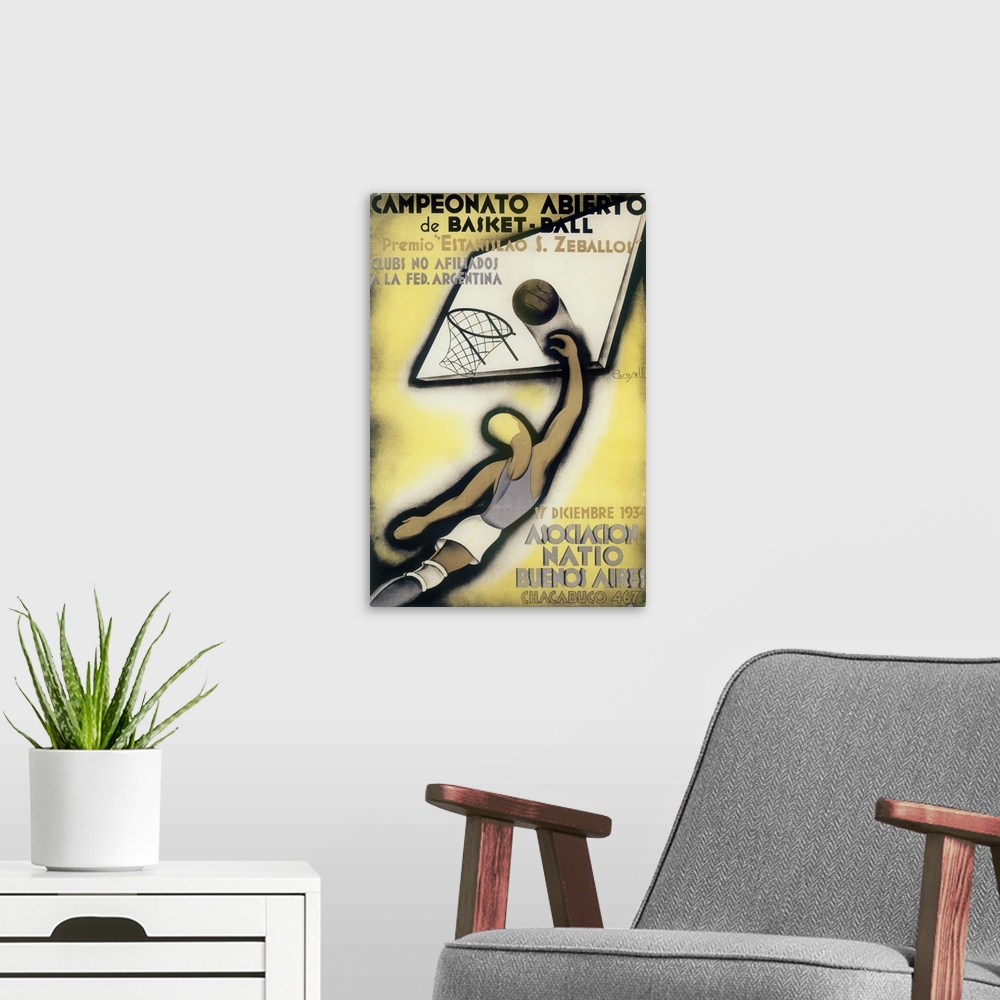 A modern room featuring Vintage poster advertisement for basketball.