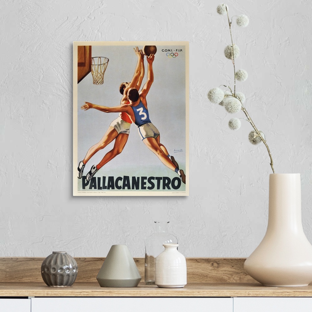 A farmhouse room featuring Vintage poster artwork for Pallacanestro Basketball.