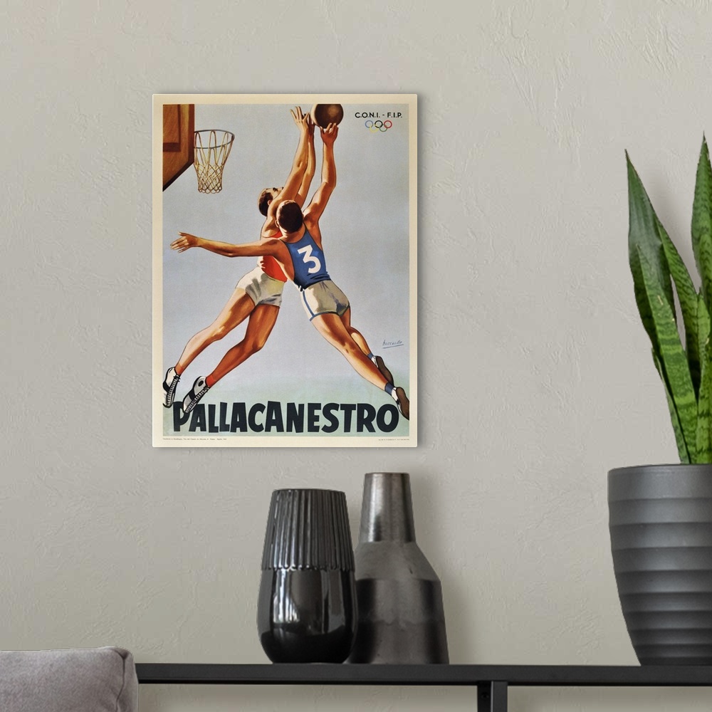 A modern room featuring Vintage poster artwork for Pallacanestro Basketball.