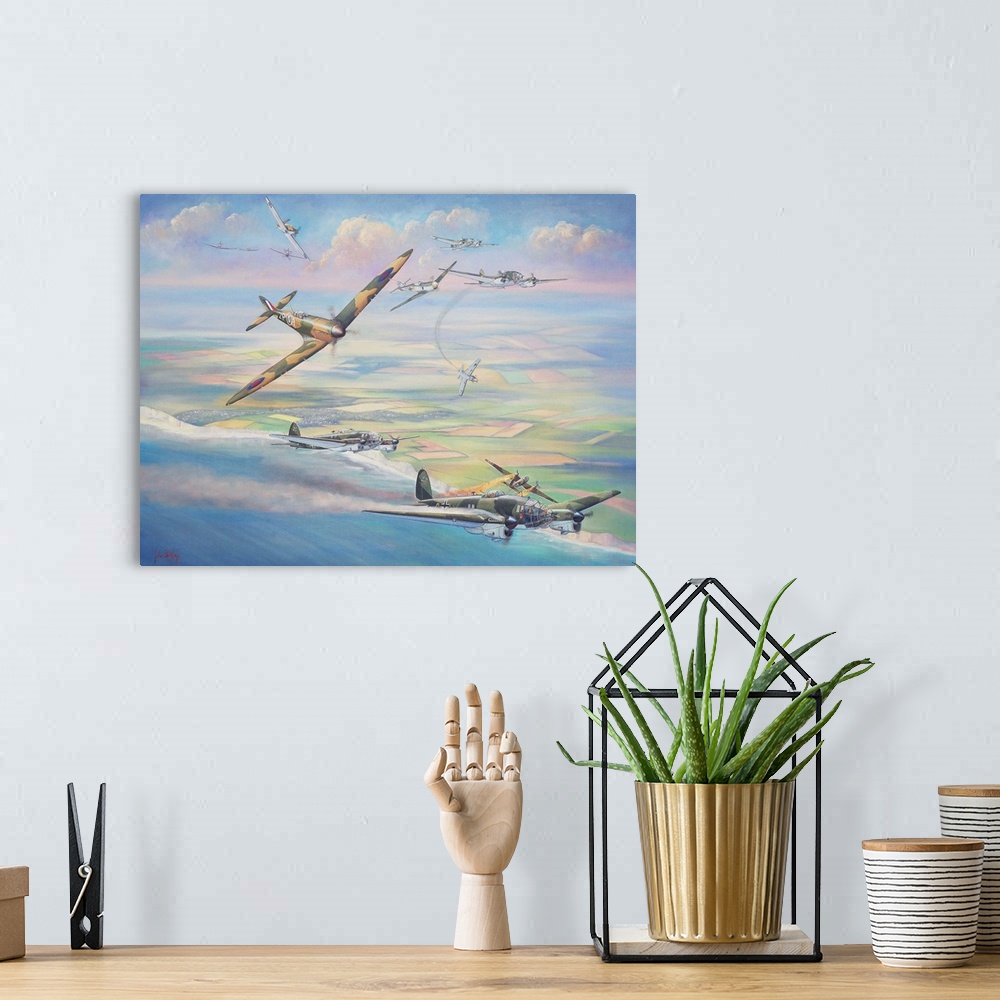 A bohemian room featuring Contemporary painting of military planes in the heat of battle.