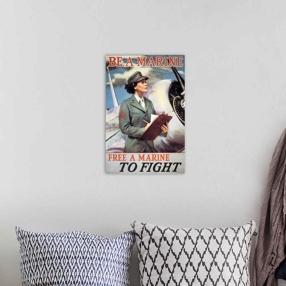 A bohemian room featuring Vintage propaganda artwork of a patriotic woman standing by a fighter plane.