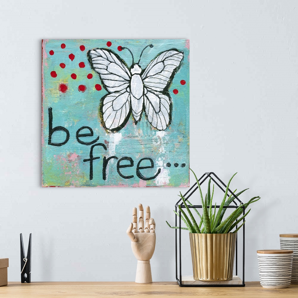 A bohemian room featuring Lighthearted contemporary painting of a butterfly against a blue background.