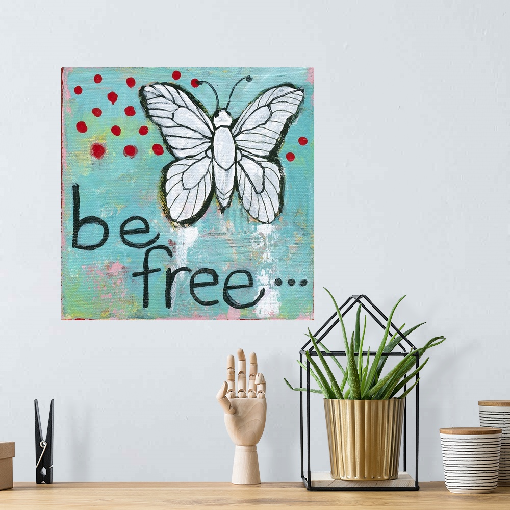 A bohemian room featuring Lighthearted contemporary painting of a butterfly against a blue background.