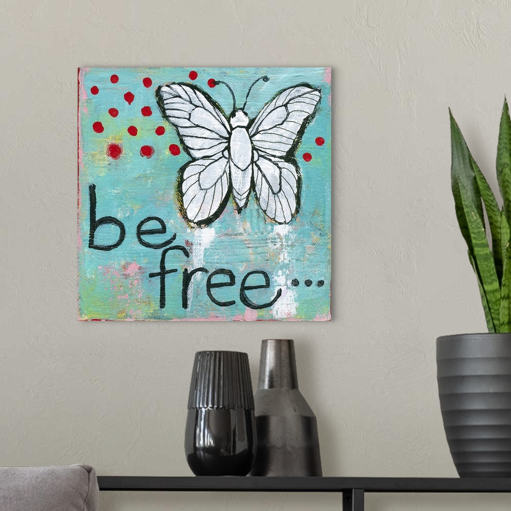 A modern room featuring Lighthearted contemporary painting of a butterfly against a blue background.