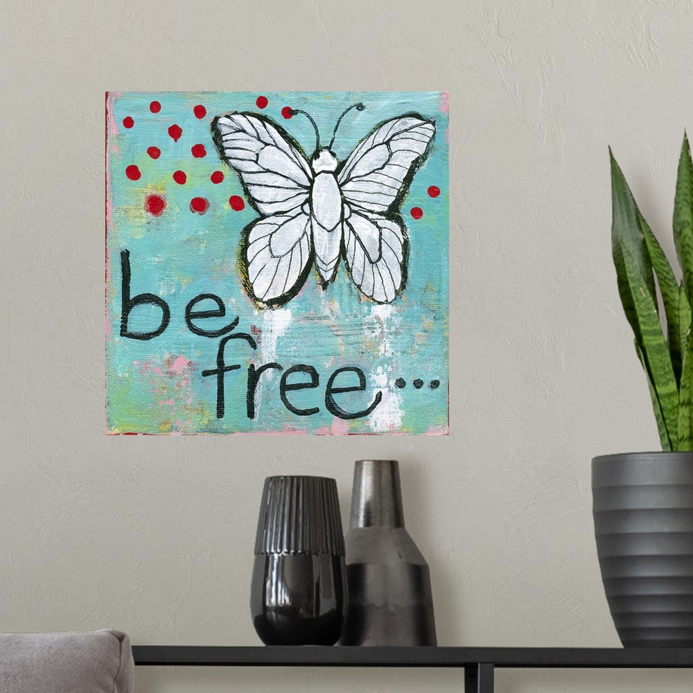 A modern room featuring Lighthearted contemporary painting of a butterfly against a blue background.
