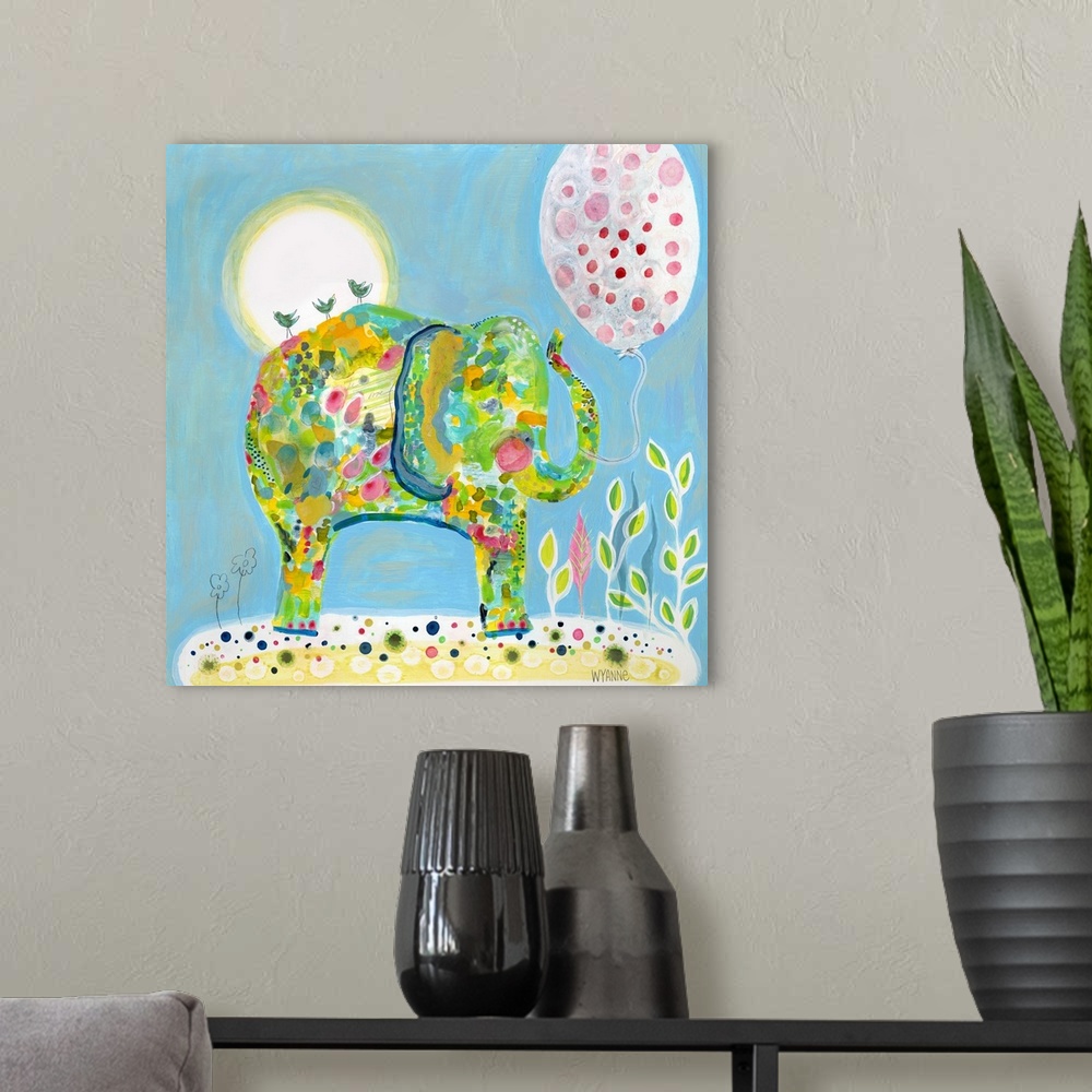 A modern room featuring An elephant in blue and green under the sun with a pink balloon.
