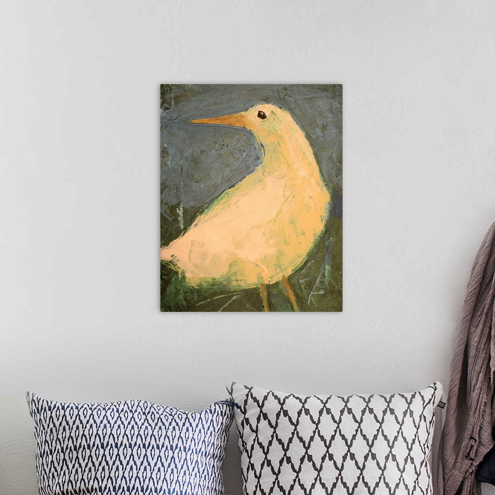 A bohemian room featuring Contemporary painting of a bird with a long thin beak.