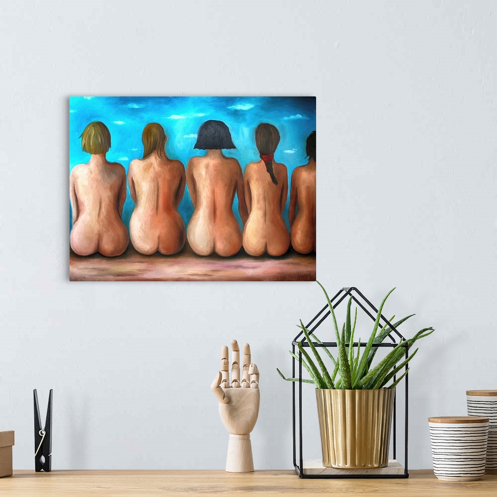 A bohemian room featuring Surrealist painting of a line of nude seated women.