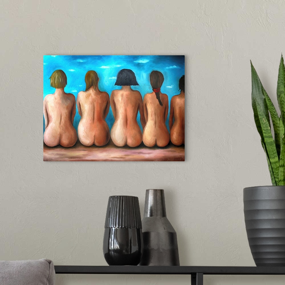 A modern room featuring Surrealist painting of a line of nude seated women.