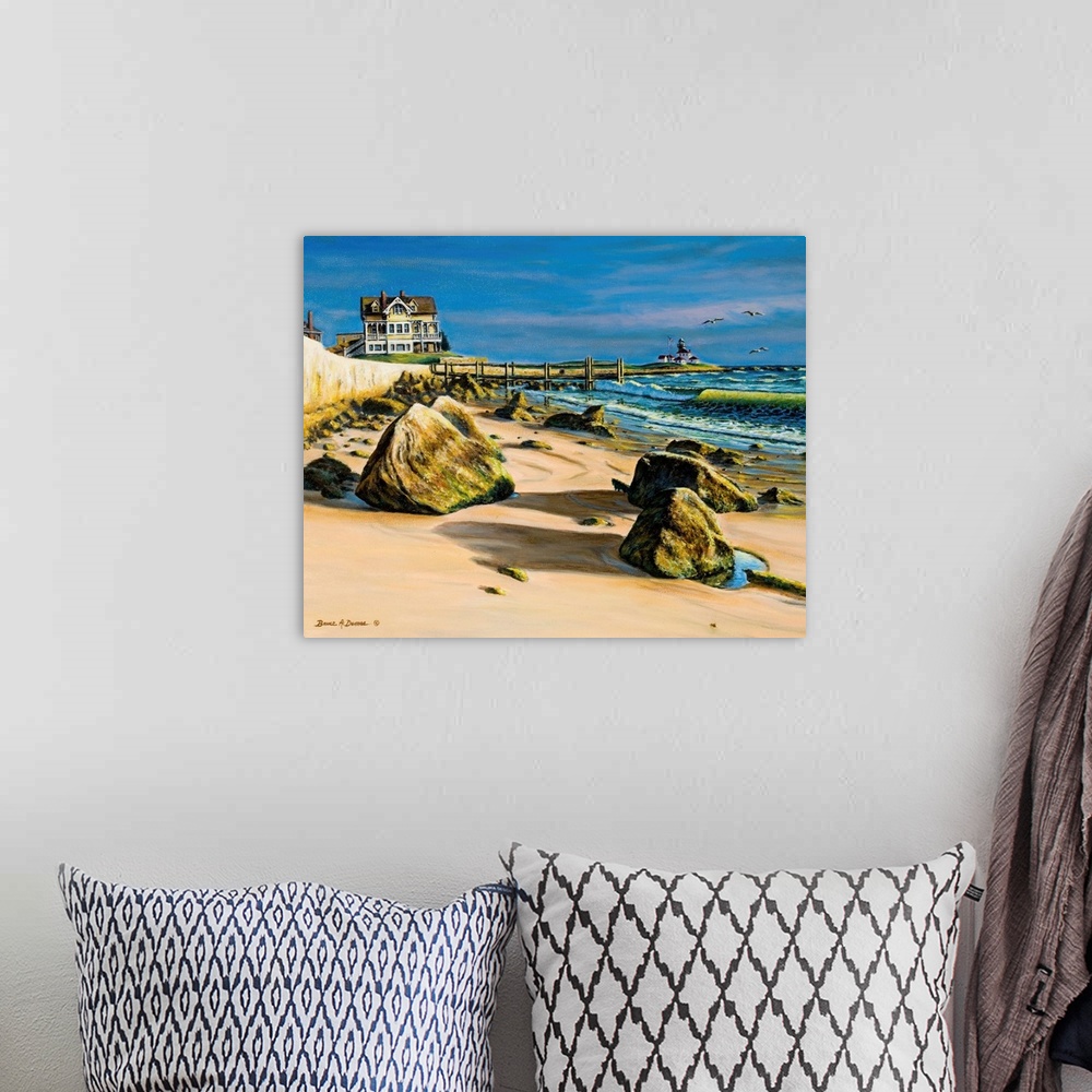 A bohemian room featuring Contemporary painting of a beach scene with a house and lighthouse in the background.