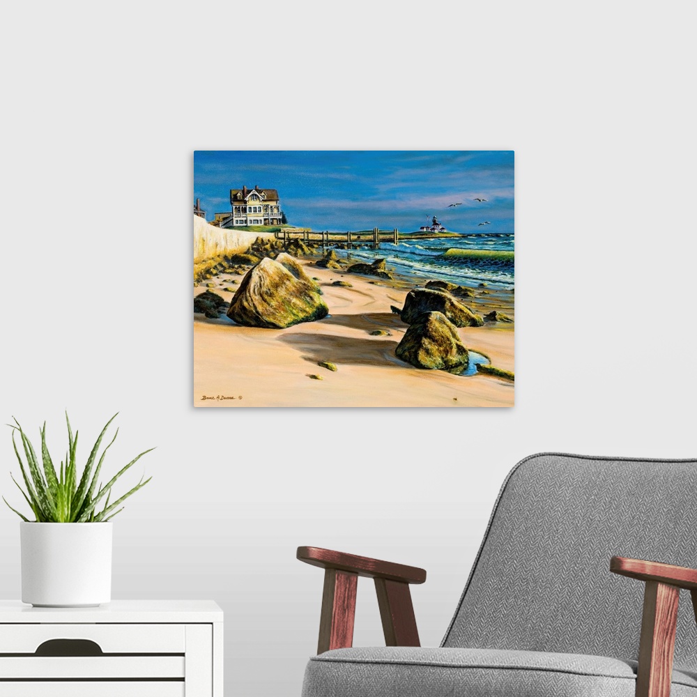 A modern room featuring Contemporary painting of a beach scene with a house and lighthouse in the background.
