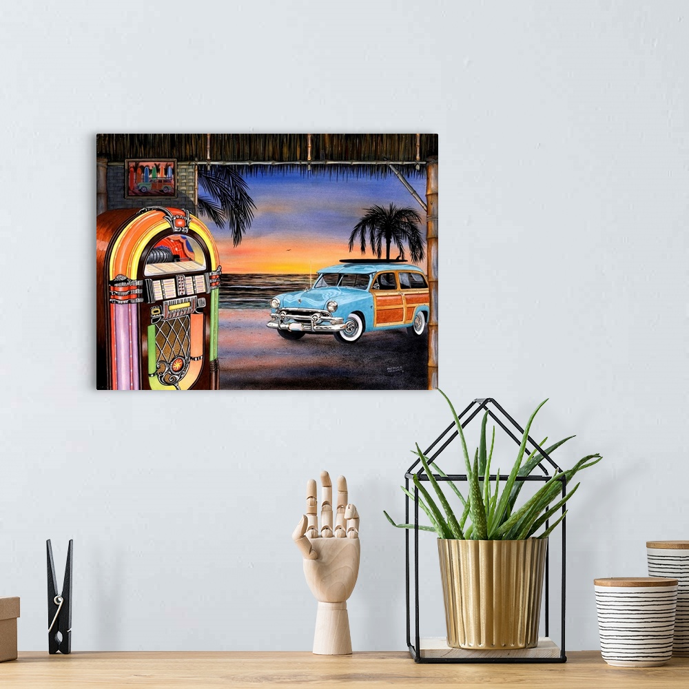 A bohemian room featuring Artwork of a vintage blue woody wagon car out front of a beach hut with a lit up jukebox inside.