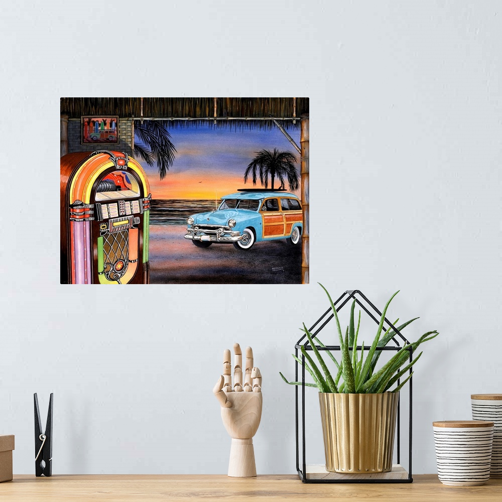 A bohemian room featuring Artwork of a vintage blue woody wagon car out front of a beach hut with a lit up jukebox inside.