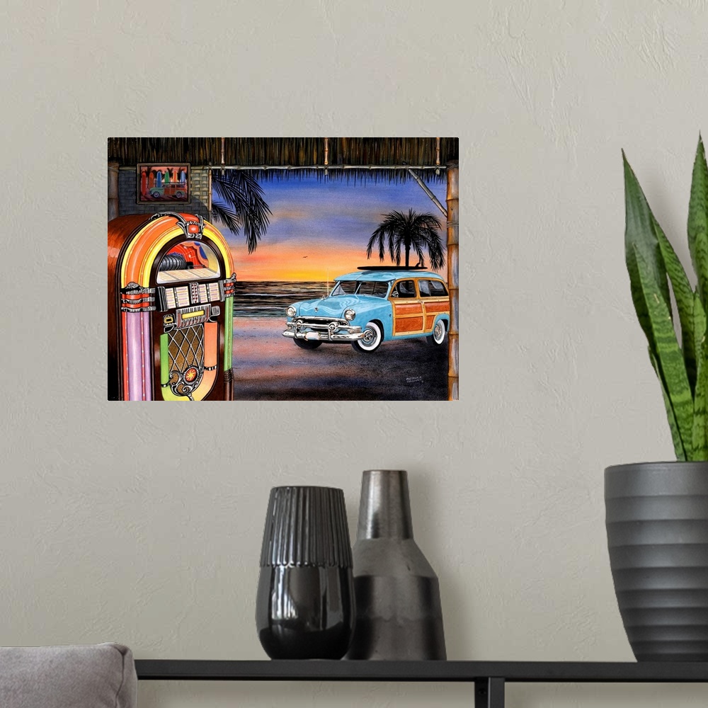 A modern room featuring Artwork of a vintage blue woody wagon car out front of a beach hut with a lit up jukebox inside.