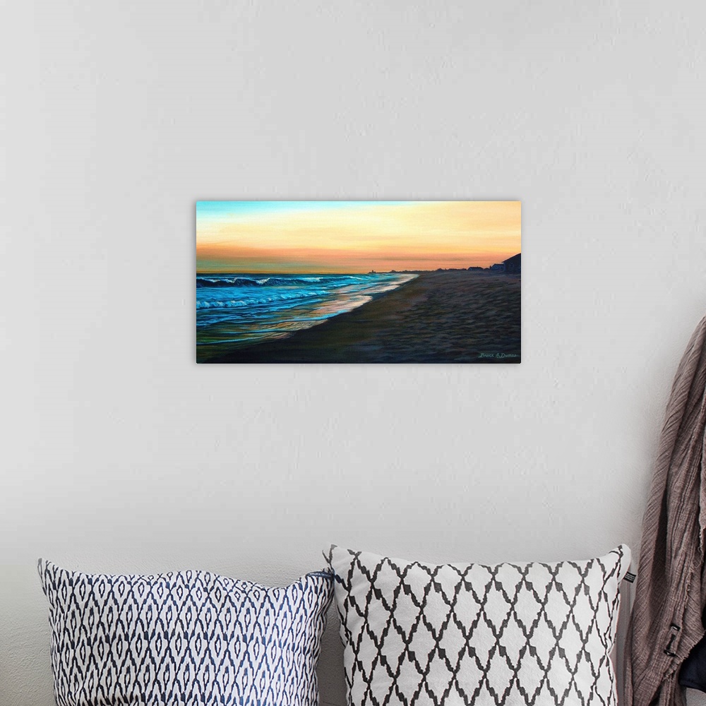 A bohemian room featuring Contemporary painting of beach and water scene at sunset.
