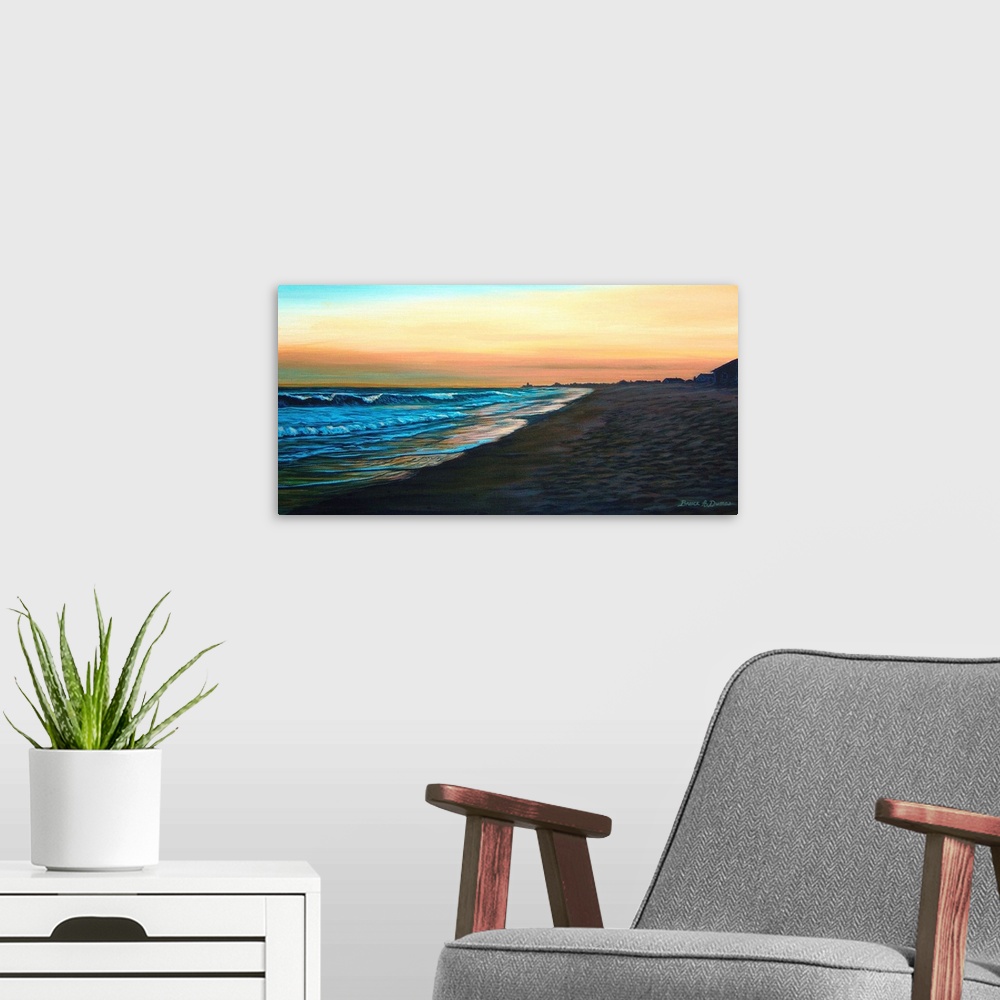 A modern room featuring Contemporary painting of beach and water scene at sunset.