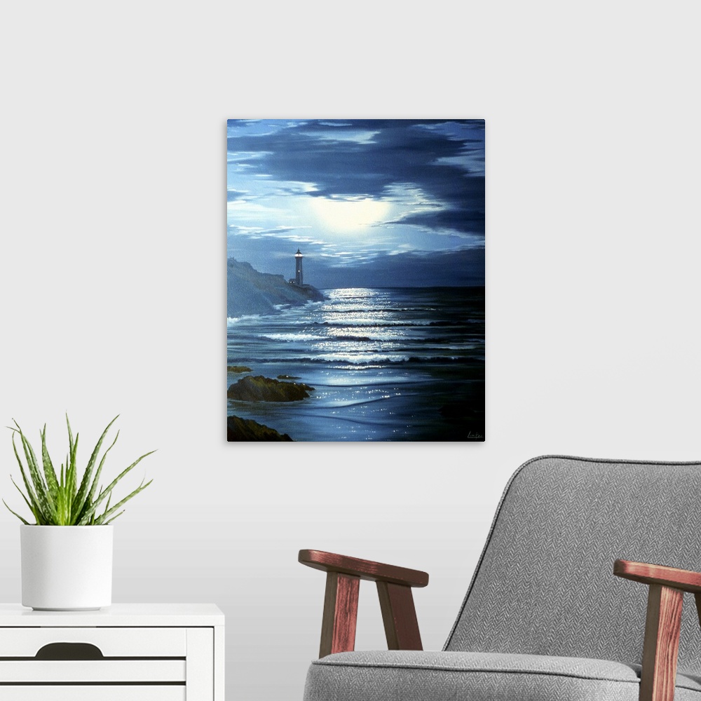 A modern room featuring Contemporary painting of waves crashing on the coastline at night, with a lighthouse in the dista...