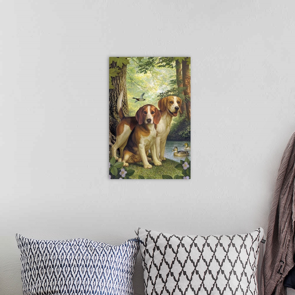 A bohemian room featuring Two beagles with ducks in the background in a forest.