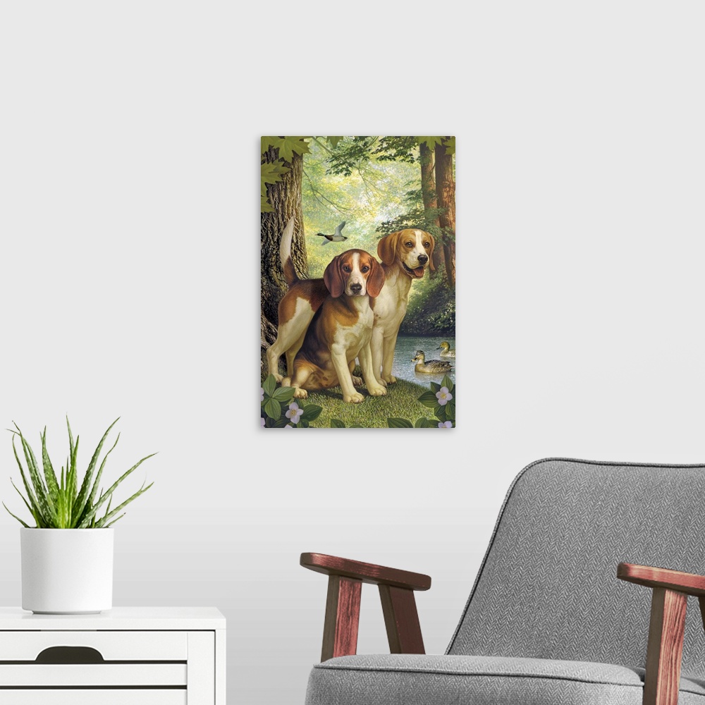 A modern room featuring Two beagles with ducks in the background in a forest.