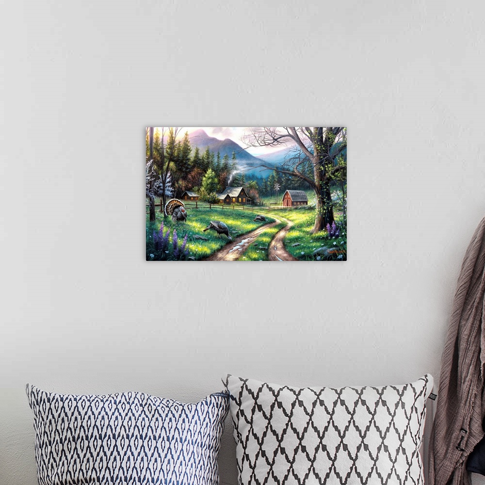 A bohemian room featuring Contemporary landscape painting with a dirt road in the center leading to log cabins and a barn w...